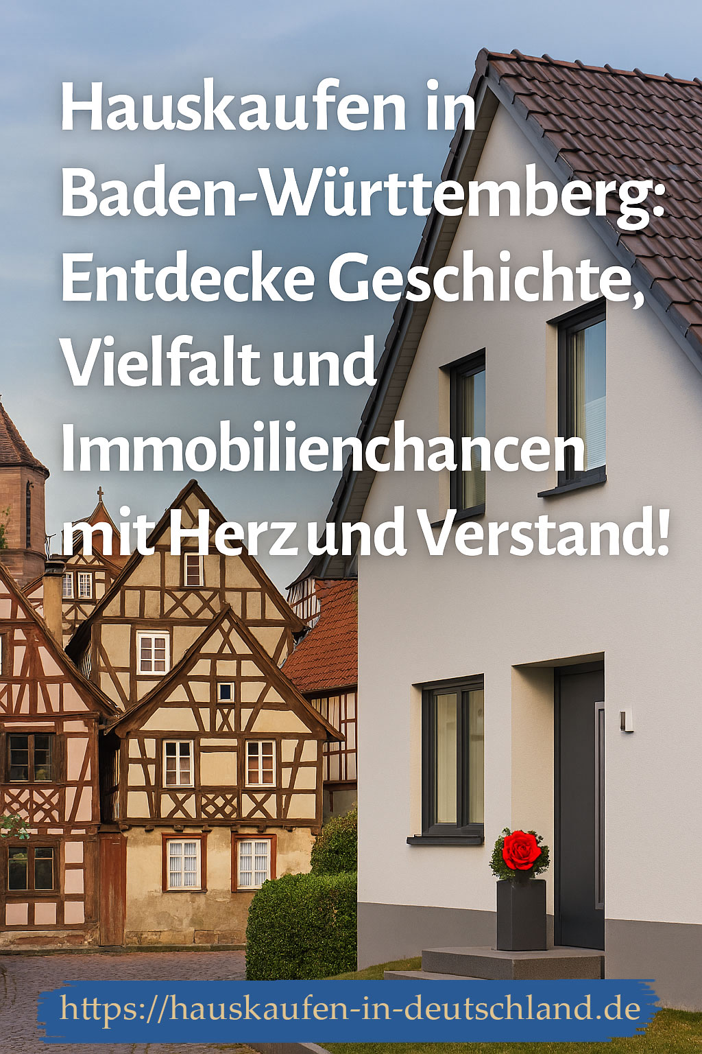 Modernes Doppelhaus mit Garten trifft auf historische Fachwerkhäuser in Baden-Württemberg – ein visuelles Zusammenspiel aus Lebensqualität, Immobilienvielfalt und regionaler Geschichte, das Lust auf den Hauskauf macht.