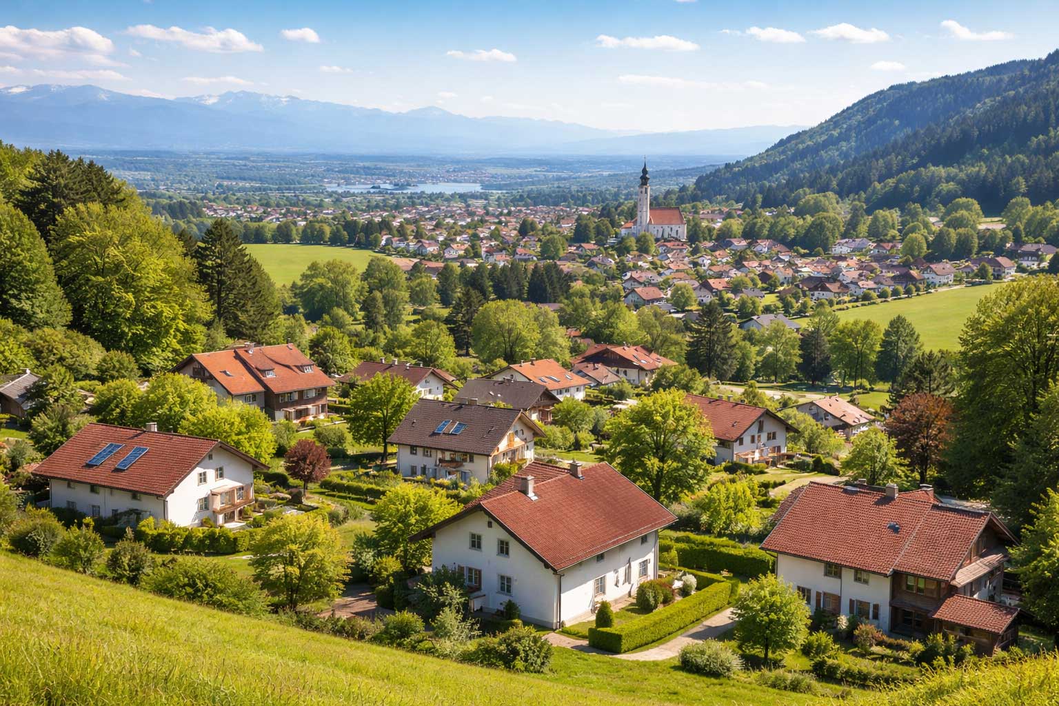 Wohngebiet in Bayern mit Einfamilienhäusern, viel Grün und hügeliger Landschaft als Beispiel für attraktive Wohnlagen beim Hauskauf