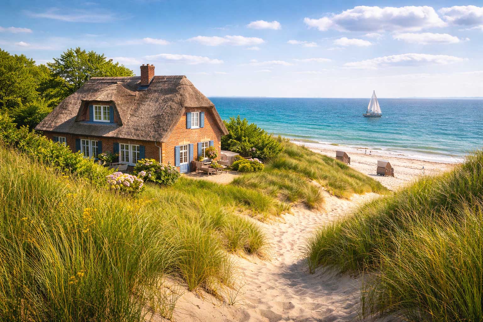 Reetdachhaus in Dünenlandschaft an der Küste als typische Ferienimmobilie an Nordsee und Ostsee