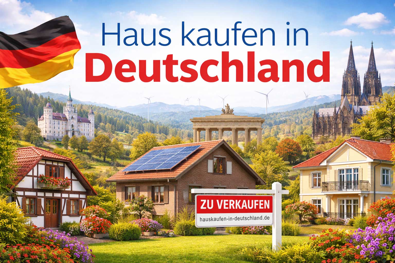 Einfamilienhäuser in grüner Landschaft als Sinnbild für Hauskaufen in Deutschland und unterschiedliche Wohnlagen