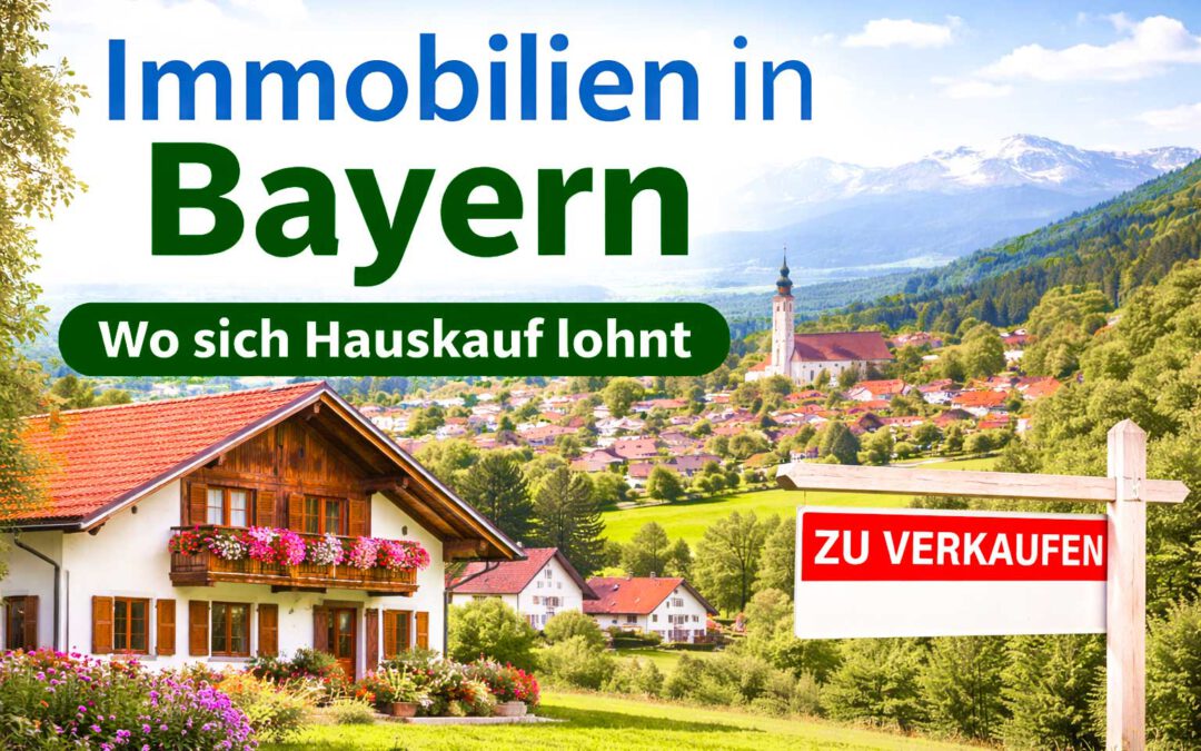 Typische bayerische Wohnlage mit Einfamilienhaus, Dorf, grüner Landschaft und Alpenpanorama als Sinnbild für attraktive Immobilienregionen in Bayern