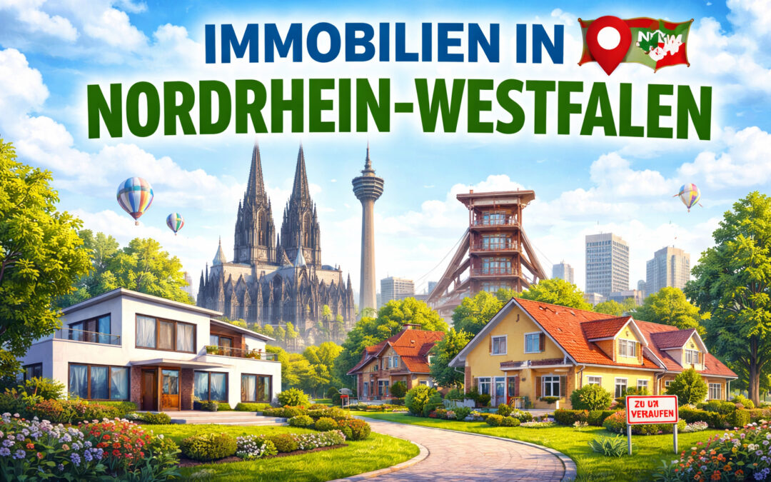 Immobilien in Nordrhein-Westfalen mit Einfamilienhäusern, Stadtansicht von Köln und Düsseldorf sowie Symbolen für den Immobilienmarkt NRW und Haus kaufen in Nordrhein-Westfalen