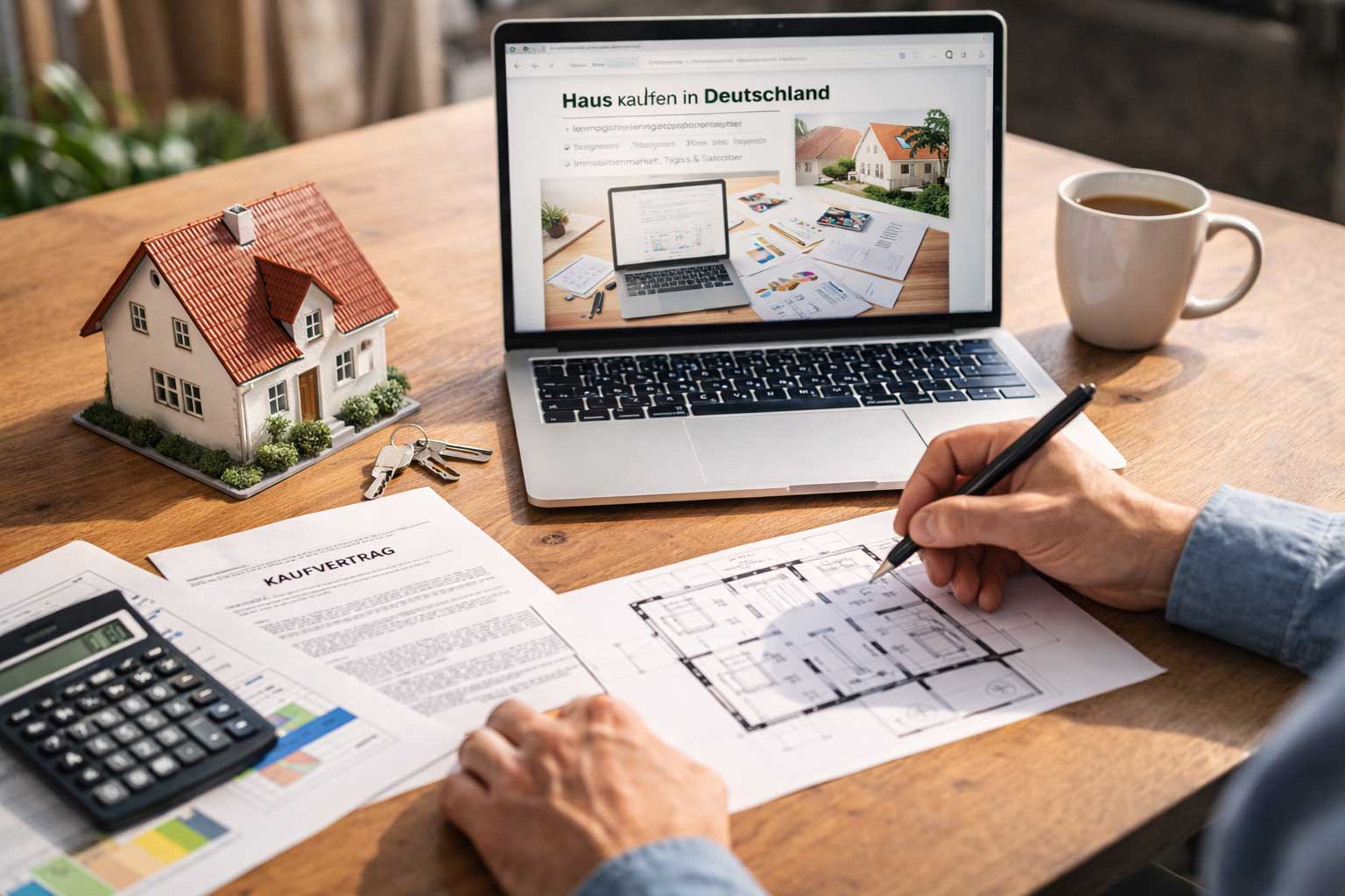 Person plant Hauskauf am Tisch mit Laptop und Unterlagen zur Immobilienentscheidung