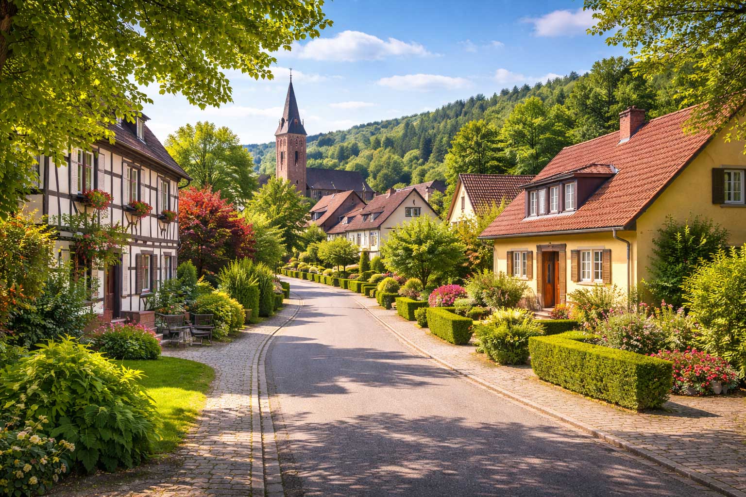 Ruhige Wohnstraße in kleiner Stadt mit viel Grün als Beispiel für naturnahes und günstiges Wohnen