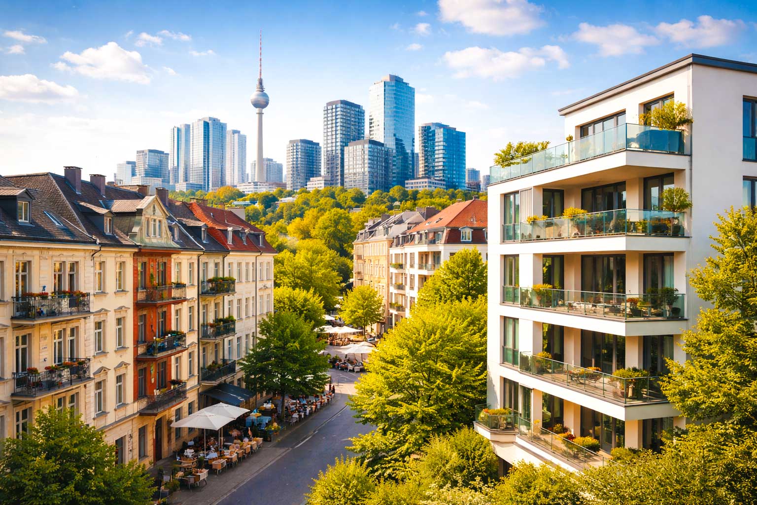 Deutsches Stadtviertel mit Altbau und Neubau als typische Wohnlage in wirtschaftsstarken Metropolen