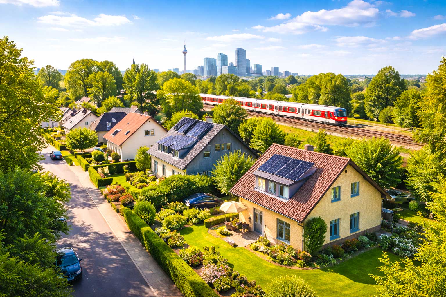 Einfamilienhäuser im Grünen mit Bahnanschluss als typische Pendlerregion in Deutschland